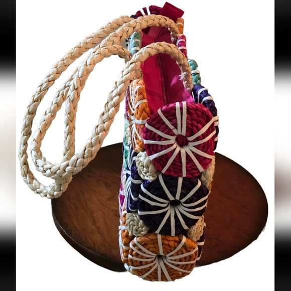 Colorful Patchwork Straw Tote Bag Vibrant Multicolor Summer Vibes - Picture 5 of 11
